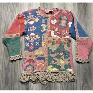 IVY Hand Knit Patchwork Sweater Women's Size S Multi Color Crochet cottagecore